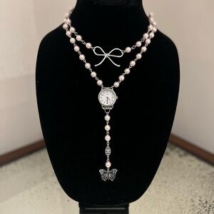 PRETTY IN PINK Pearl Rosary Style Necklace Set w/ Bow, Watch & Butterfly Accents